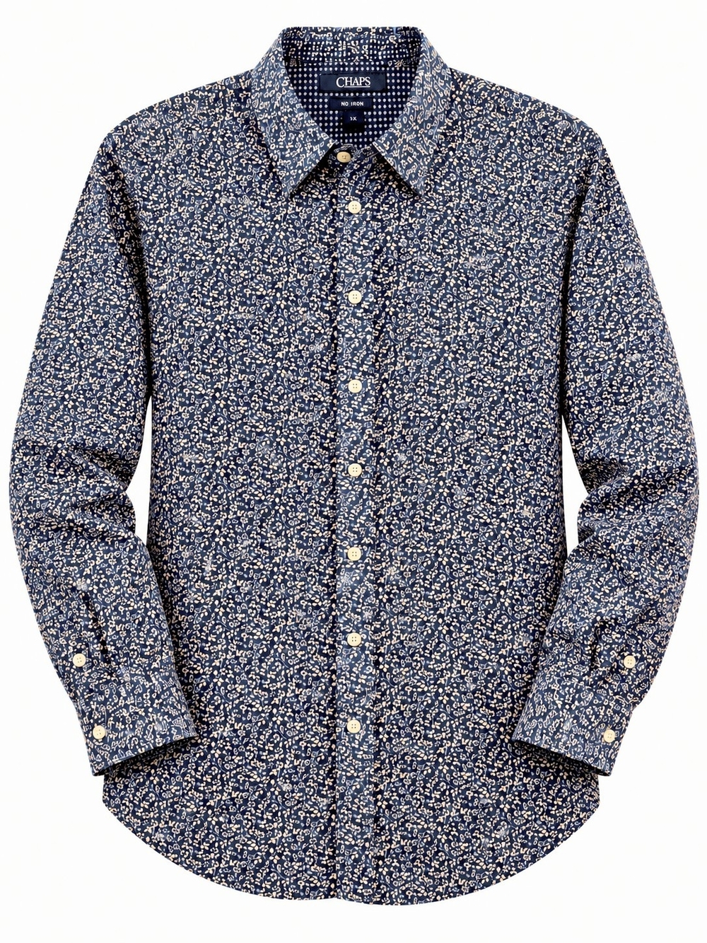 Chaps Women’s 1X No Iron Cotton Navy Blue Cream Floral Button Down Shirt Blouse